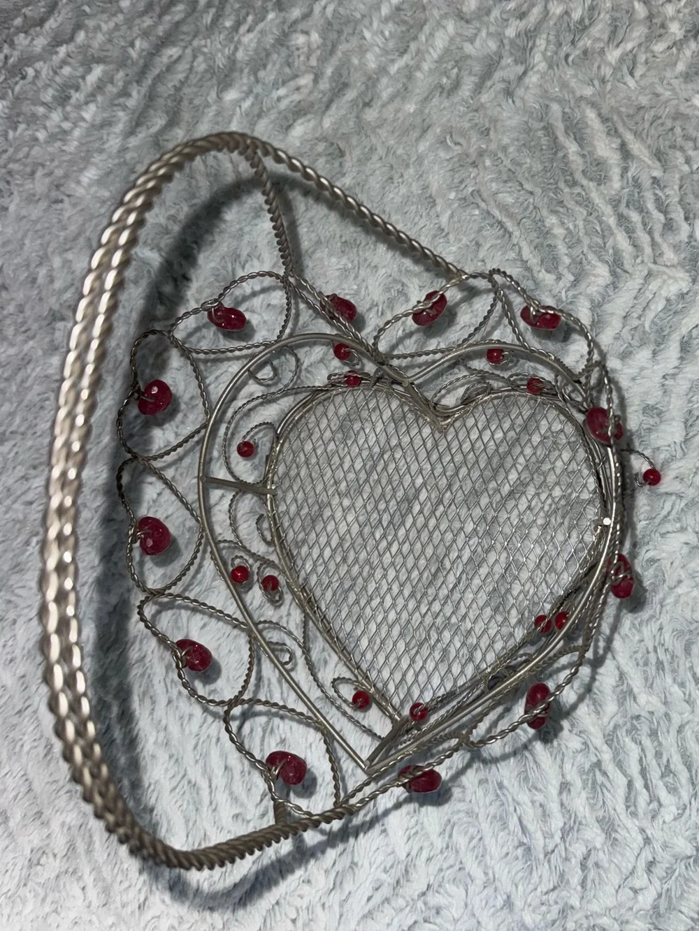 Decorative Silver Heart Basket with Red Bead Accents - Home Holiday